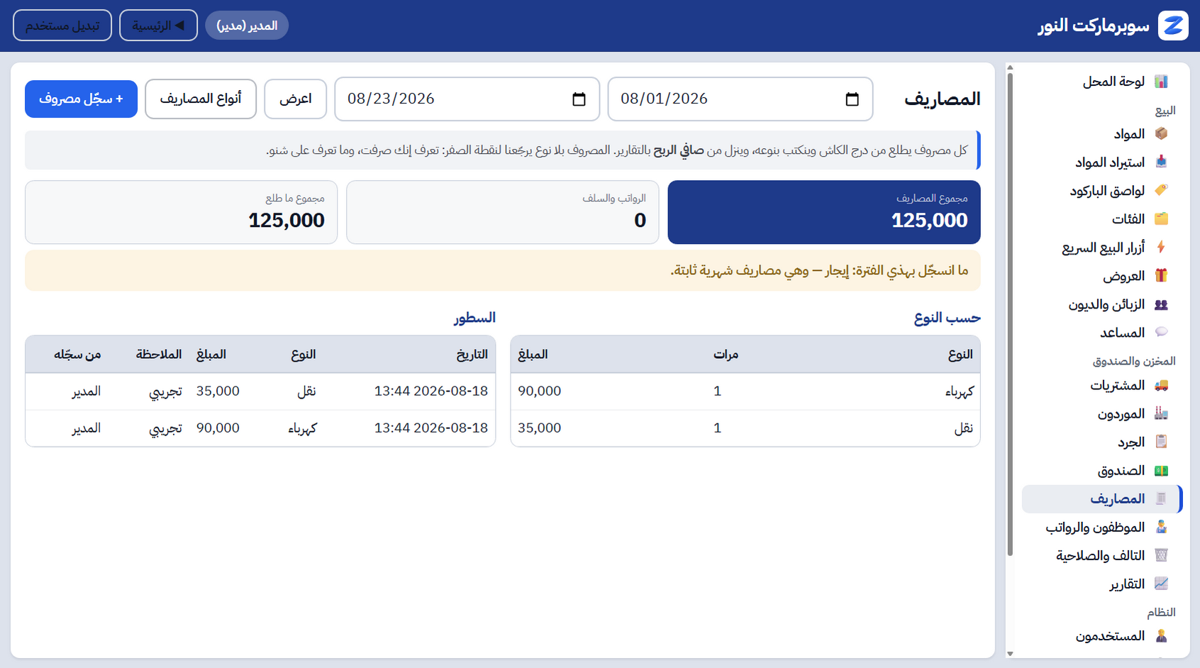 شاشة المصاريف: مجموع ١٢٥٬٠٠٠ مقسّم على الأنواع